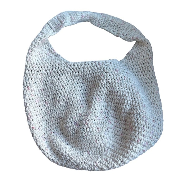 Handmade Vintage Wool Knot Satchel Tote Bag in Cream with Pink Accents - Picture 1 of 3